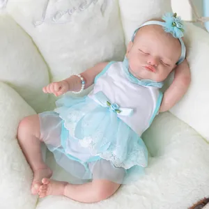 Poupée Bébé Reborn Réaliste 49cm Rosalie Sommeil Silicone Vinyle Corps en Coton Robe en Dentelle Bleue Avec Bandeau Fleur