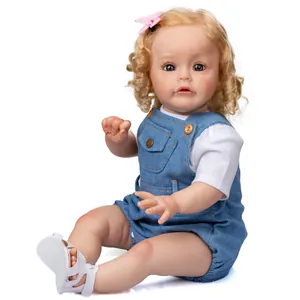 Realistic Reborn Toddler Doll Soft Body Silicone Vinyl Baby Girl Blonde Curly Hair Denim Outfit Handmade Toddler Gift Toy