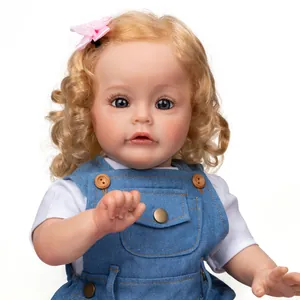 60cm reborn toddler doll with blonde curly hair in blue denim overalls and white tee