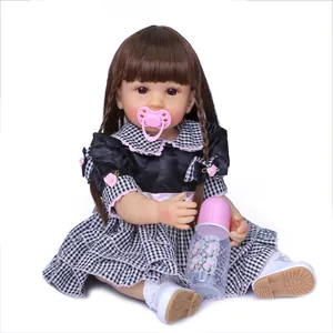 55cm waterproof full silicone reborn baby girl doll with brunette hair and black plaid dress
