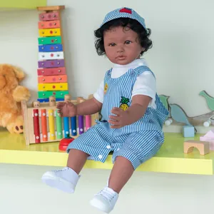 Realistic Reborn Baby Boy Doll Deep Brown Skin Soft Cloth Body Curly Hair Striped Overalls Set Toy For Kids Gift