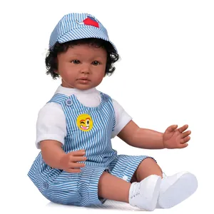 60cm brown skin baby boy doll in blue striped overalls and matching sun hat