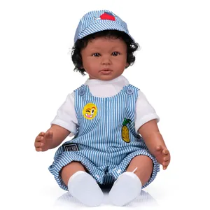 60cm realistic dark-skinned reborn baby boy doll with curly hair in a blue striped outfit