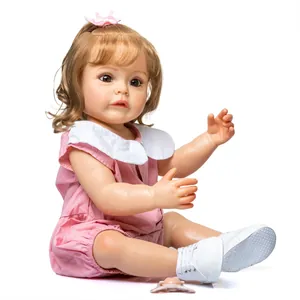 55cm lifelike reborn baby girl doll with brown curly hair in pink princess dress