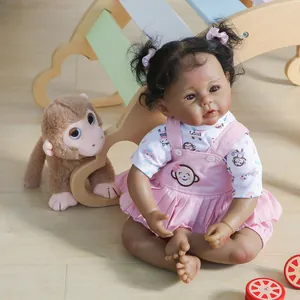 Realistic Reborn Baby Doll Deep Skin Cloth Body Handmade Rooted Hair With Monkey Plush Toy Clothes Feeding Accessory Kids Gift