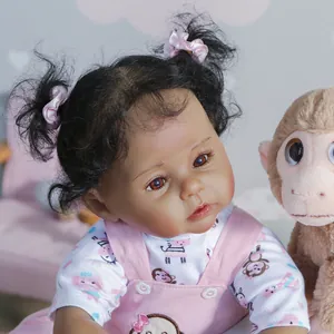 50cm dark skin reborn baby doll Raven with black curly pigtails and plush monkey