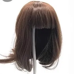 55-60cm dark brown bob wig with bangs on a display stand with natural hair luster