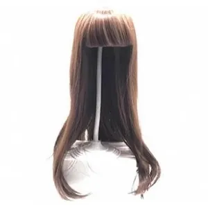55-60cm long straight dark brown synthetic wig with flat bangs on a white background