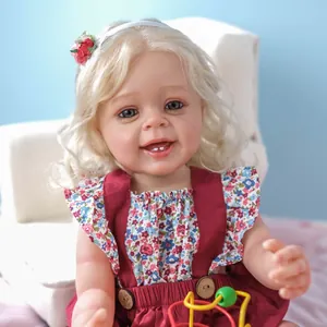 55cm Yannik reborn doll with 3D skin and curly hair in vintage floral suspender dress