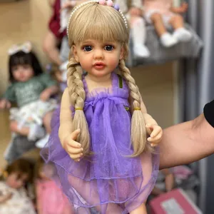 Realistische Reborn Mädchen Puppe Vollsilikon Vinyl Lila Netz Kleid Künstliche Perlen Stirnband Blonde Geflochtene Haare Spielzeug