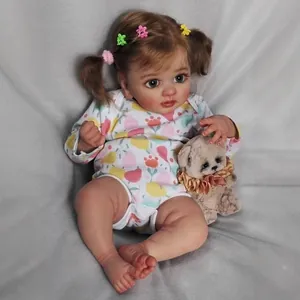 Realistic 45cm Reborn baby doll with 3D skin texture and brown hair in floral outfit