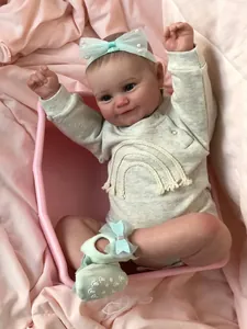 Close-up of realistic Reborn Doll Maddie with 3D skin and visible veins in a pink basket