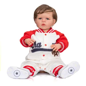 60cm realistic reborn baby doll Sandie with brown hair, blue eyes and baseball outfit