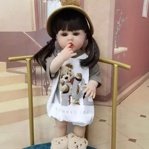 Realistic Reborn Baby Doll Silicone Vinyl Lifelike Girl Doll With Bear Outfit Hat Slippers For Kids Gift Play Toy