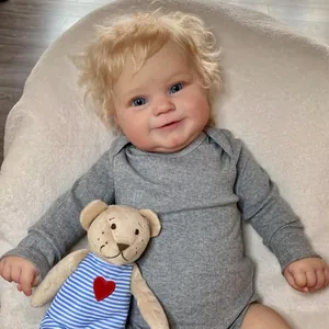 Realistic 60cm reborn baby doll Maddie with blue eyes, blonde hair and a small teddy bear