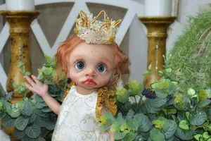 Close-up of 16-inch handmade elf doll with blue eyes, freckles, and floral crown decoration