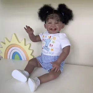 Realistic African American Reborn Baby Doll With Curly Hair Smile Expression Birthday Outfit Cloth Body Simulation Toy