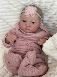 Close-up of 49cm reborn baby doll Levi featuring realistic skin texture and pink knit outfit
