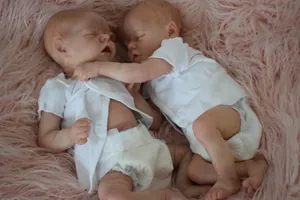 Poupées Reborn Twin A et B réalistes avec texture de peau sur fond de peluche rose doux