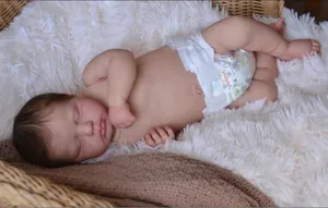 Detailed view of 19 inch sleeping reborn doll Loulou with realistic rooted hair and skin
