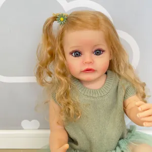 Realistische Reborn Baby Puppe Weiches Silikon Vinyl Ganzkörper Mädchen Puppe Blonde Verwurzelte Haare Blaue Augen Grünes Strickkleid Spielzeug Geschenk