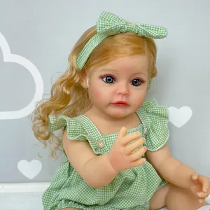 55cm reborn baby doll with blonde hair, grey eyes, and green checkered dress