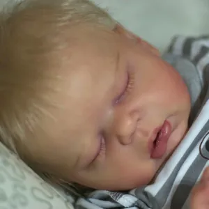 55cm lifelike reborn baby doll sleeping with blond hair in striped outfit