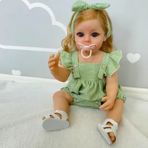 Realistic Reborn Baby Doll Soft Silicone Vinyl Lifelike Newborn Girl Doll With Rooted Hair Gingham Dress For Kids Gift
