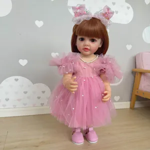 Realistic Silicone Reborn Doll With Pink Mesh Princess Dress And Long Brown Hair Fashion Collectible Vinyl Toy For Children Girls