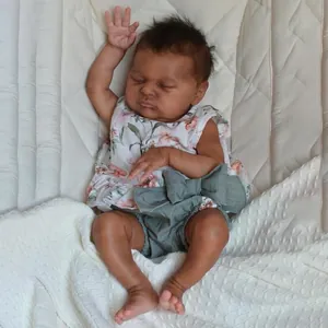 20 inch lifelike African American reborn baby doll Laura in floral outfit sleeping