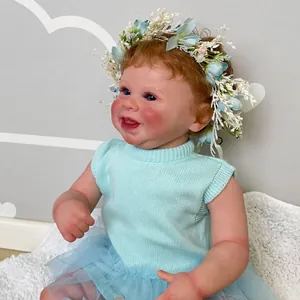 50cm lifelike reborn baby doll Harper with curly hair and blue floral crown outfit