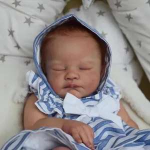 Lifelike 19 Inch Reborn Baby Doll Realistic Sleeping Newborn Girl Boy Doll Cloth Body Soft Silicone Vinyl Weighted Baby Doll Striped Outfit Gift