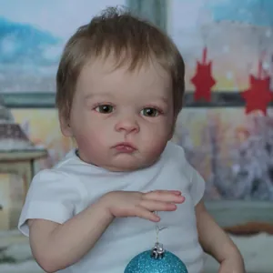 Poupée Bébé Reborn Réaliste de 55cm Tête en Silicone Corps en Tissu Cheveux Enracinés Yeux Verts T-Shirt Blanc Cadeau pour Enfants