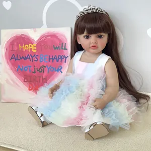Lifelike 55cm girl reborn doll with rainbow mesh dress and silver crown accessory