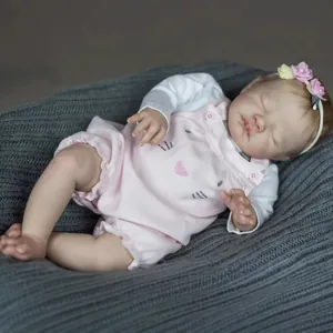 Realistic Newborn Reborn Baby Doll Sleeping Girl With Cloth Body Rooted Hair Wearing Cat Pattern Outfit For Kids Gift