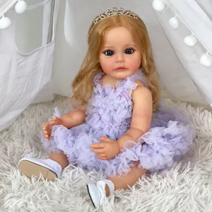 55cm lifelike reborn baby doll with blonde hair in a purple tiered ruffled cake dress