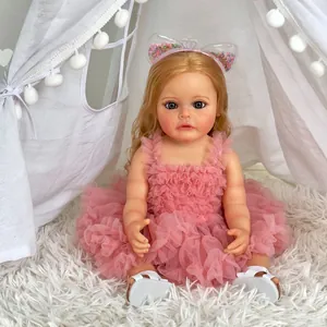 Lifelike 55cm reborn baby doll with blonde curls and pink lace dress on white plush rug