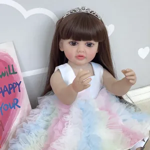 55cm lifelike reborn baby doll Betty with brown hair and colorful rainbow tutu dress