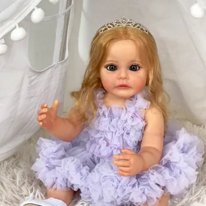 55cm lifelike reborn baby girl doll with curly blonde hair and purple lace dress