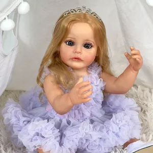 55cm lifelike reborn baby doll with blonde curls in purple tulle dress and crown
