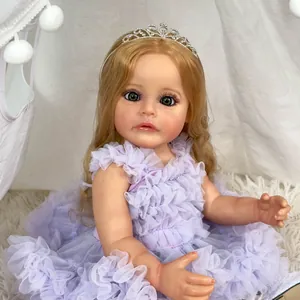 55cm lifelike reborn baby doll in purple frilly dress with crown on plush rug