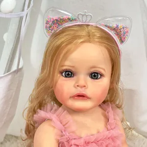 55cm lifelike reborn baby doll with blonde hair and pink dress on soft white background