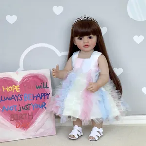 Realistic Reborn Doll Girl Simulation Baby Toy Long Brown Hair Rhinestone Crown Rainbow Mesh Tulle Princess Dress Gift