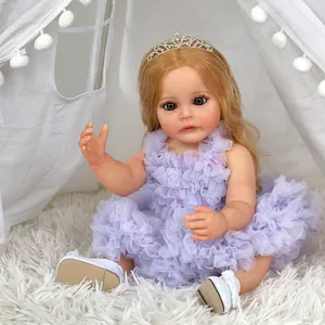 Realistic Full Body Silicone Reborn Baby Doll Hand Painted Visible Veins Rooted Hair Blonde Curly Hair Princess Dress Crown Toddler Girl Toy Gift