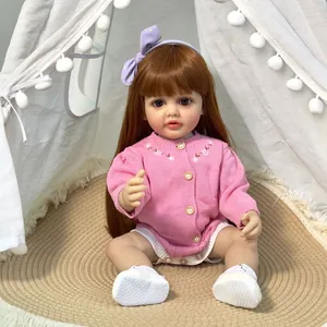 Poupée Bébé Reborn Réaliste Corps en Vinyle Souple Poupée Fille Réaliste Avec Cardigan en Tricot Rose et Cheveux Bruns Longs Cadeau Jouet Enfant