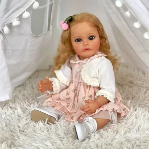 Muñeca Reborn Realista de 55cm Hecha a Mano de Silicona Completa Recién Nacida Realista con Vestido Floral Rosa y Pelo Dorado