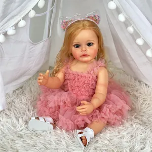 Realistic 55cm Full Silicone Reborn Baby Doll Handmade Life Size Blonde Hair Pink Lace Dress Newborn Toy For Kids Gift