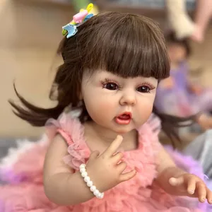 Lifelike Realistic Reborn Baby Doll Full Body Silicone Handmade Painted Brown Hair Pink Lace Tutu Dress Toy