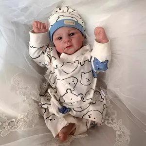 Elijah 49cm realistic reborn baby doll in white and blue bear pattern outfit