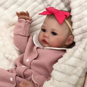 Poupée bébé Reborn réaliste de 18 pouces en body rayé rose avec un bandeau à nœud assorti